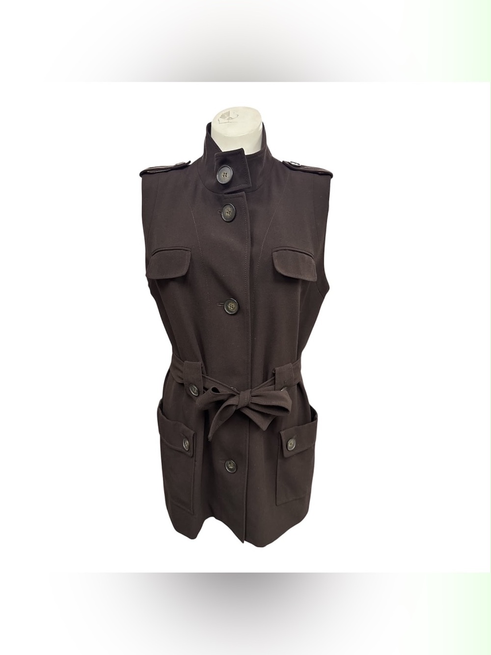 dressbarn Brown Sleeveless Belted Trench Vest Size M